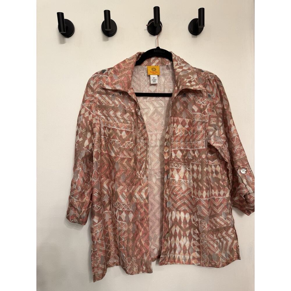 Ruby Rd Women's Pink Tan Button Down Shirt Roll Tab Sleeve 5% Linen Light Size8P